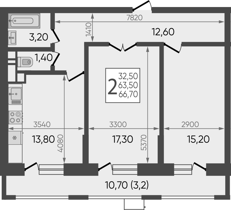 2-комн., 64.84 м², 5/12 этаж, ЖК «Небо»