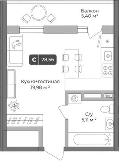Студия, 26.94 м², 1/10 этаж, ЖК «Цитрус»