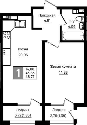1-комн., 43.53 м², 5/9 этаж, ЖК «Резиденция морей»