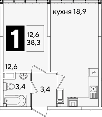 2-комн., 38.3 м², 16/16 этаж, ЖК «Самолет»