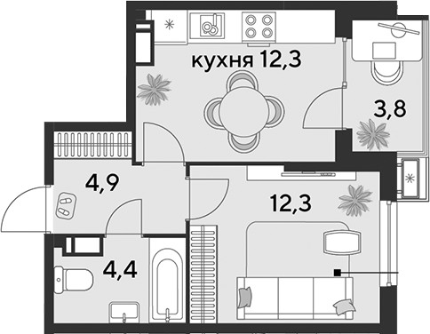 1-комн., 33.9 м², 12/18 этаж, ЖК «Парк Победы»