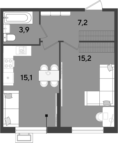 2-комн., 41.4 м², 2/9 этаж, ЖК «Парк Победы»