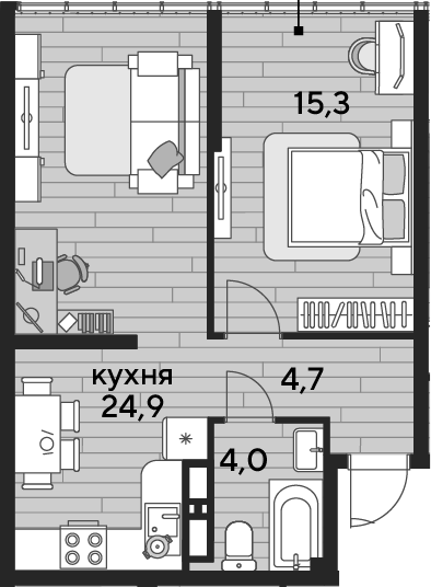 1-комн., 48.9 м², 16/16 этаж, ЖК «DОГМА ПАРК»