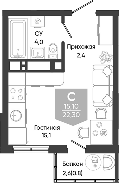 Студия, 21.5 м², 20/24 этаж, ЖК «Облака»