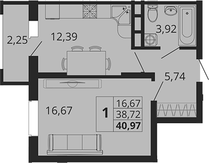 1-комн., 38.72 м², 2/18 этаж, ЖК «Родные Просторы»