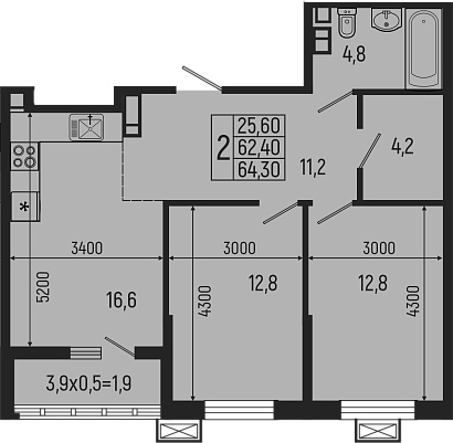 3-комн., 62.4 м², 5/5 этаж, ЖК «Звезды»