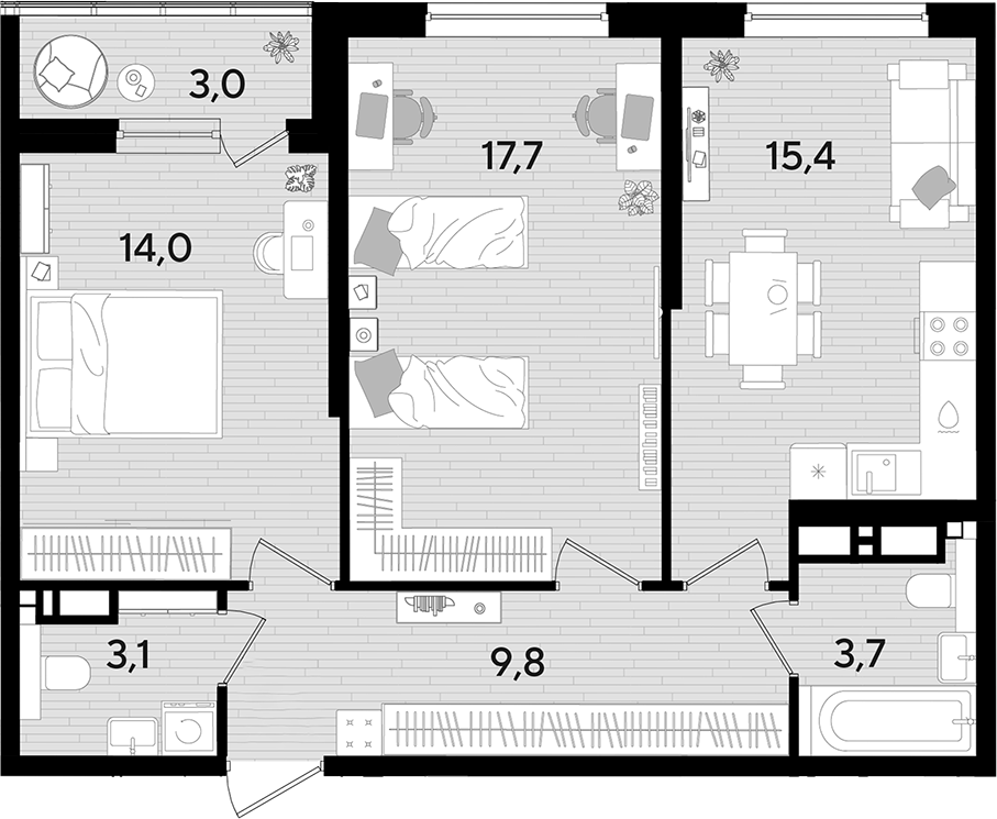 2-комн., 63.7 м², 11/16 этаж, ЖК «DОГМА ПАРК»