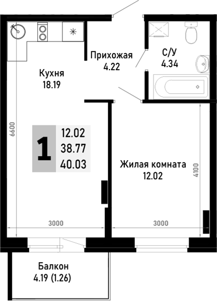 Продается 1-комн. квартира, 38.77 м²