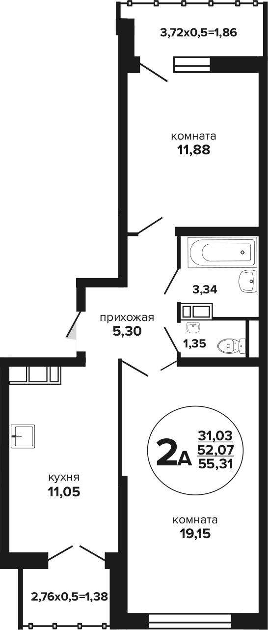 2-комн., 52.07 м², 13/24 этаж, ЖК «Гулливер»