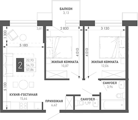 Продается 2-комн. квартира, 57.65 м²