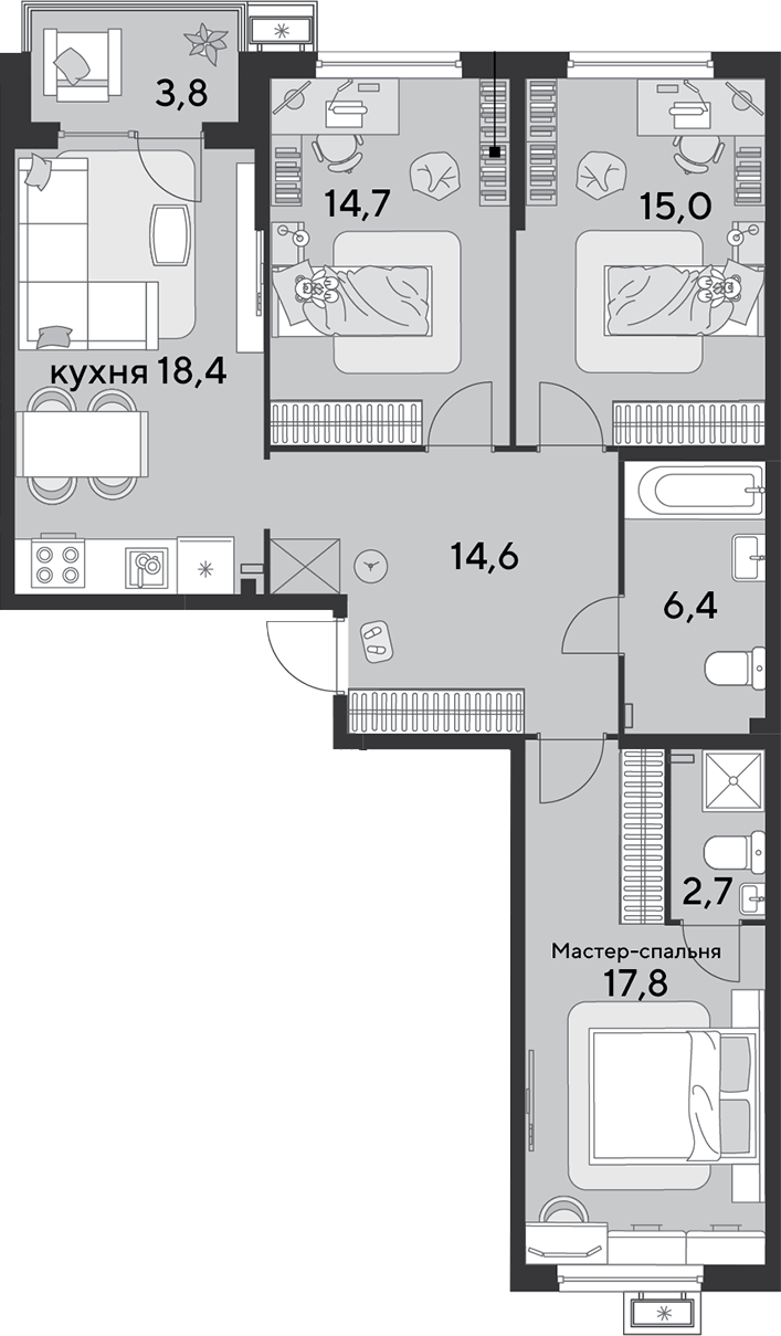 4+ комнаты, 89.6 м², 2/9 этаж, ЖК «Парк Победы»
