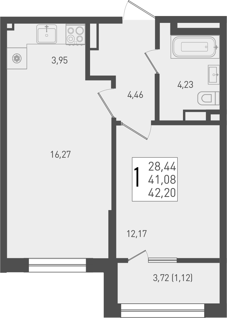 2-комн., 41.08 м², 8/9 этаж, ЖК «Югге»