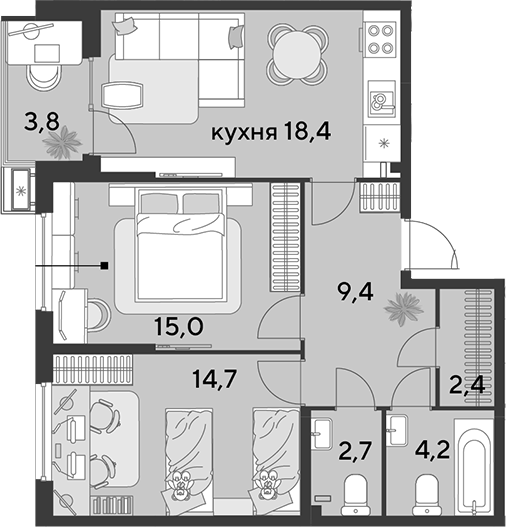 Продается 3-комн. квартира, 66.8 м²
