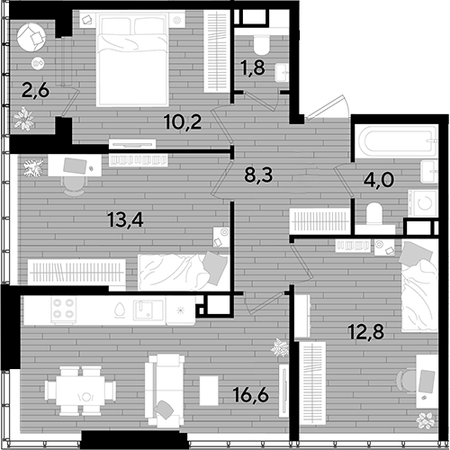 3-комн., 67.1 м², 15/16 этаж, ЖК «DОГМА ПАРК»