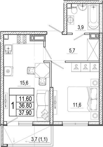 1-комн., 36.8 м², 12/15 этаж, ЖК «Лестория»
