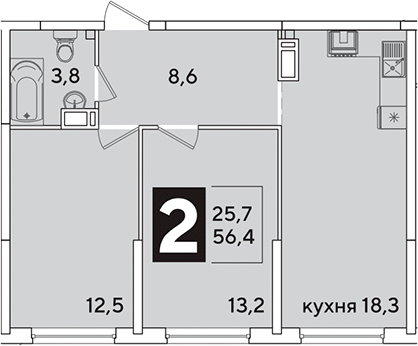 3-комн., 56.4 м², 13/16 этаж, ЖК «Самолет»