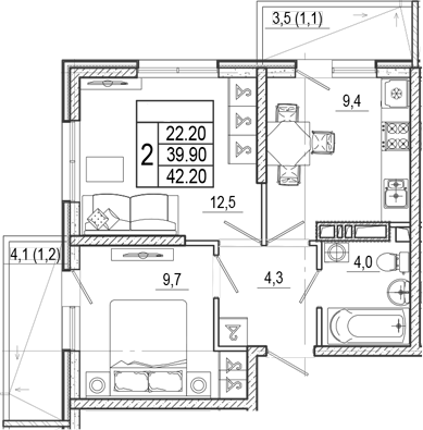 2-комн., 39.9 м², 2/15 этаж, ЖК «Лестория»