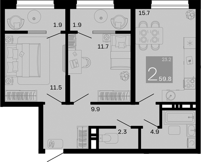 2-комн., 56 м², 2/8 этаж, ЖК «Хозяин Морей»