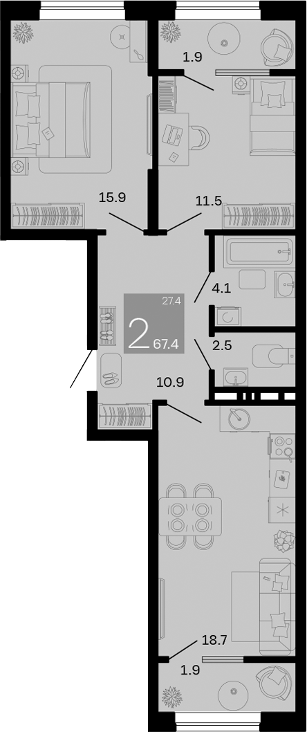 2-комн., 63.6 м², 5/8 этаж, ЖК «Хозяин Морей»