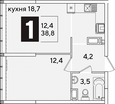 2-комн., 38.8 м², 15/16 этаж, ЖК «Самолет»
