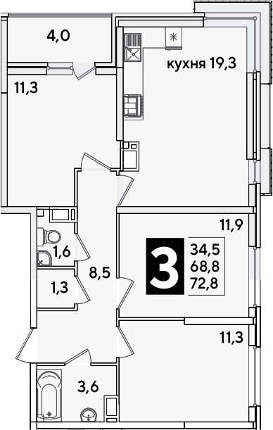 Продается 4-комн. квартира, 68.8 м²