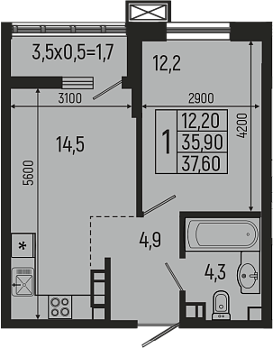 2-комн., 35.9 м², 7/7 этаж, ЖК «Звезды»