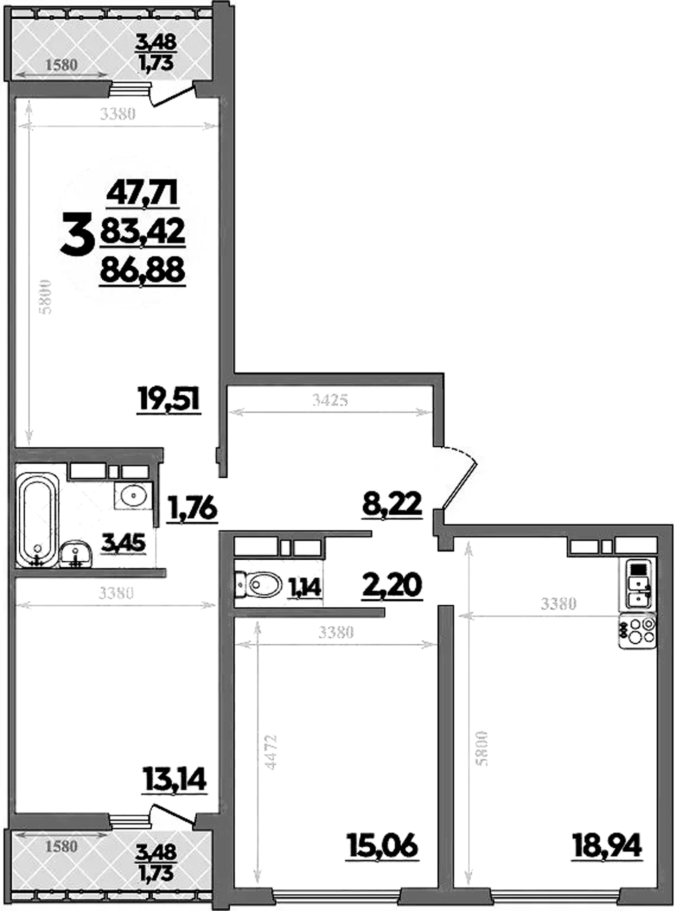 3-комн., 83.4 м², 9/12 этаж, ЖК «Предгорье Лаго-Наки»
