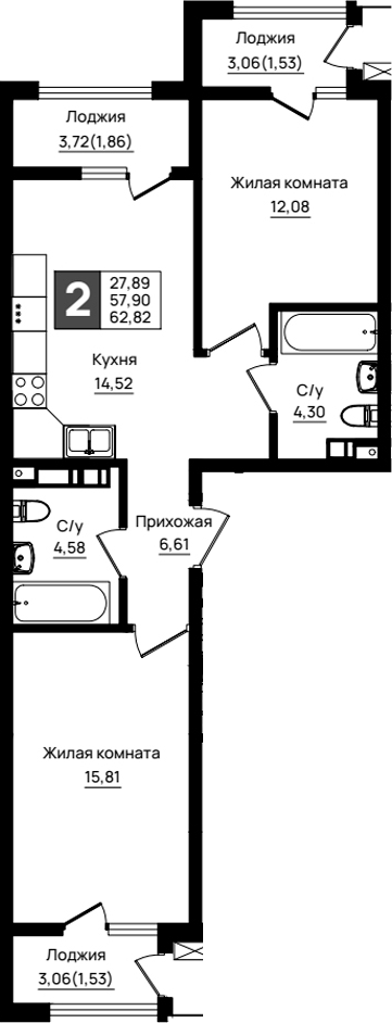 2-комн., 57.9 м², 3/9 этаж, ЖК «Резиденция морей»