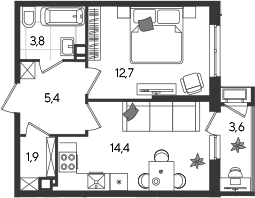1-комн., 38.2 м², 5/24 этаж, ЖК «Рекорд»