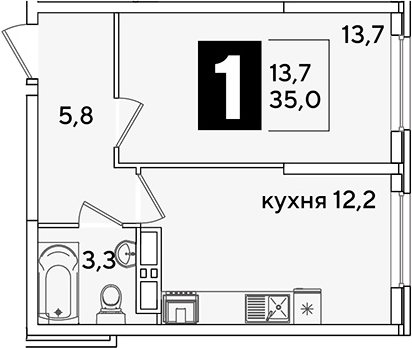 1-комн., 35 м², 10/16 этаж, ЖК «Самолет»
