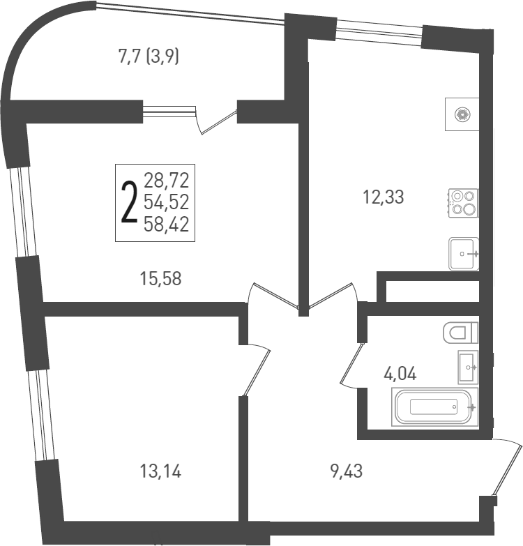 Продается 2-комн. квартира, 55.9 м²