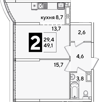 2-комн., 49.1 м², 16/16 этаж, ЖК «Самолет»