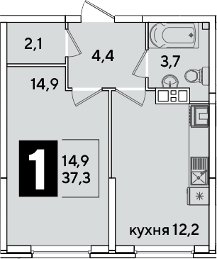 1-комн., 37.3 м², 9/16 этаж, ЖК «Самолет»