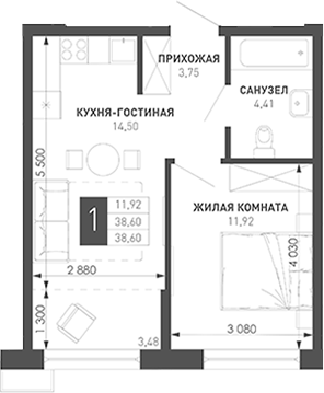 1-комн., 40.06 м², 6/18 этаж, ЖК «Иначе в Молодежном»