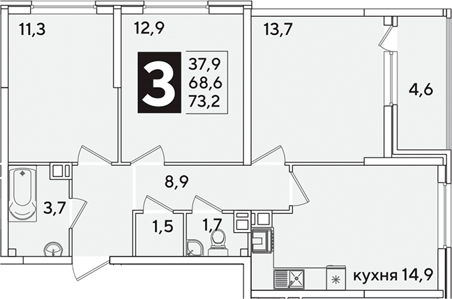 3-комн., 68.6 м², 7/16 этаж, ЖК «Самолет»