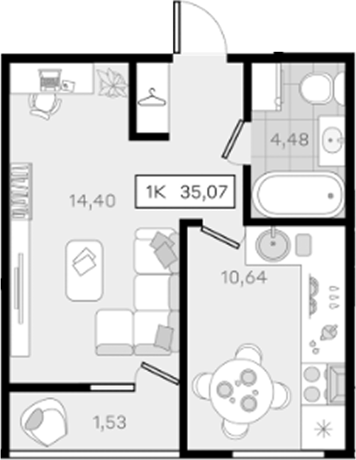Продается 1-комн. квартира, 33.54 м²