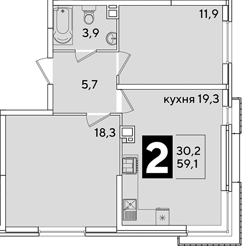 3-комн., 59.1 м², 8/16 этаж, ЖК «Самолет»