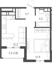 1-комн., 34.1 м², 21/24 этаж, ЖК «Все Свои VIP»