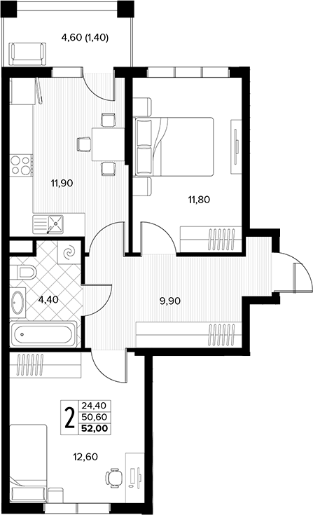 2-комн., 50.6 м², 2/7 этаж, ЖК «Кипарис»