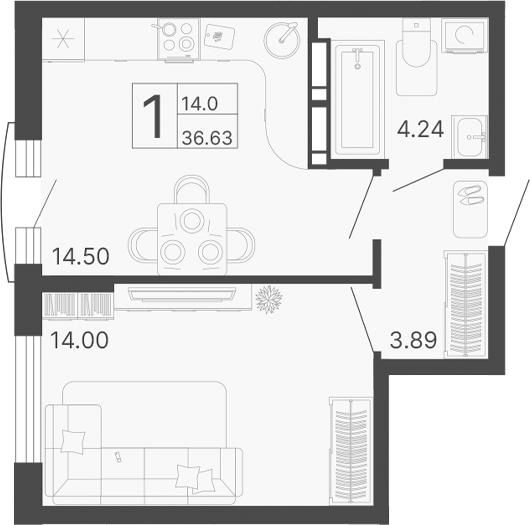1-комн., 36.63 м², 13/17 этаж, ЖК «Светский лес»
