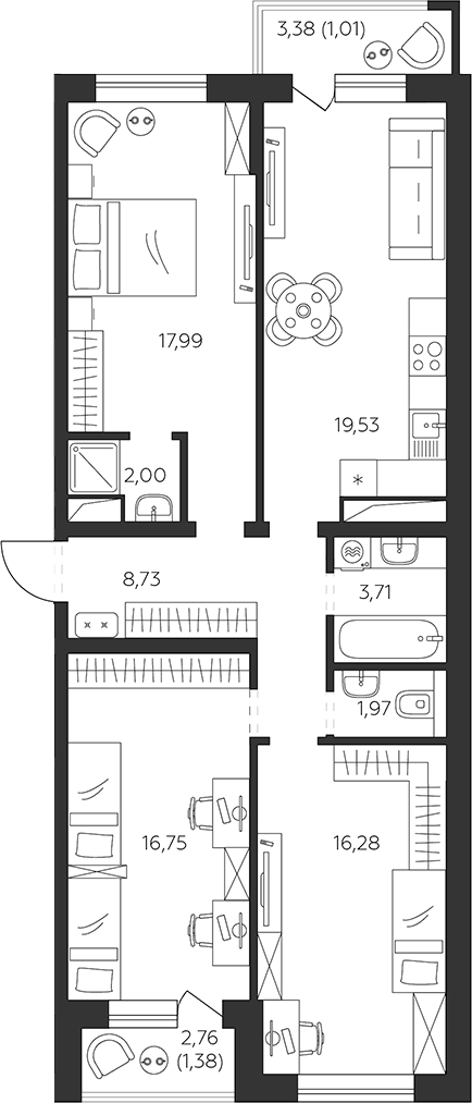 3-комн., 86.96 м², 8/9 этаж, ЖК «К24»