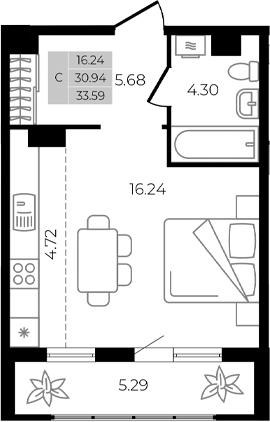 Студия, 30.94 м², 1/8 этаж, ЖК «Курортный регион»