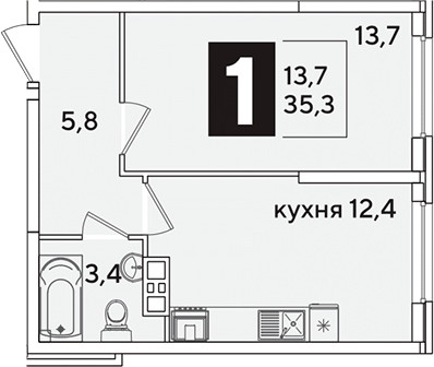 1-комн., 35.3 м², 5/16 этаж, ЖК «Самолет»