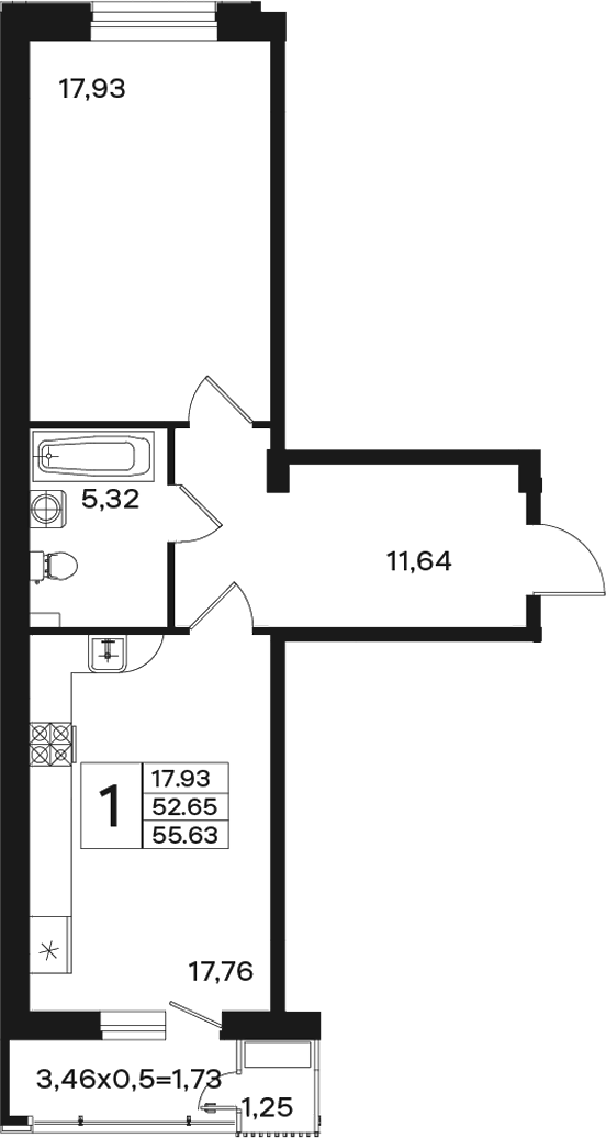 Продается 1-комн. квартира, 52.65 м²