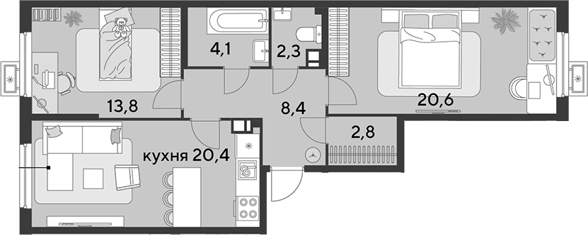 3-комн., 72.4 м², 3/18 этаж, ЖК «Парк Победы»