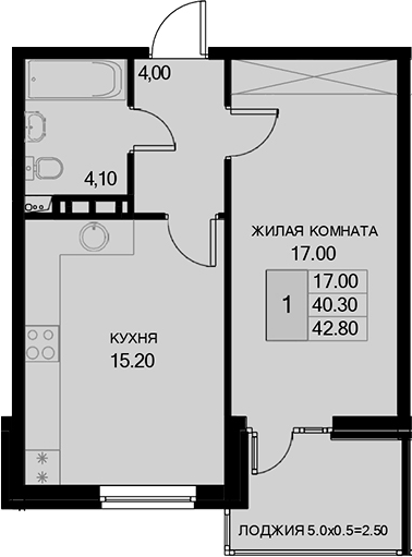 1-комн., 40.3 м², 5/7 этаж, ЖК «История»