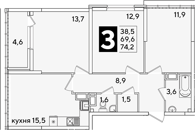 4+ комнаты, 69.6 м², 16/16 этаж, ЖК «Самолет»
