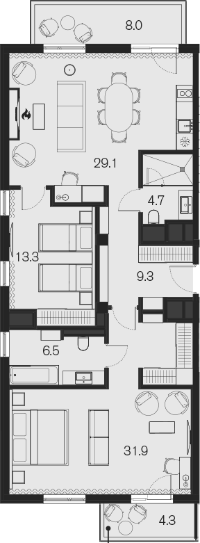 2-комн., 94.8 м², 4/4 этаж, ЖК «Benefit Sky Breeze Sochi»