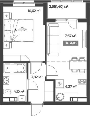 1-комн., 32.63 м², 2/5 этаж, ЖК «Соловей»