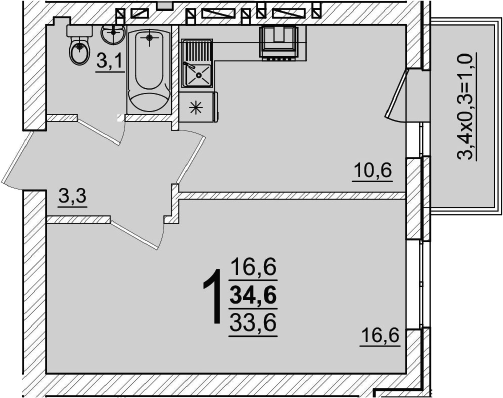 1-комн., 33.6 м², 4/5 этаж, ЖК «Дарград»